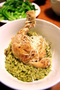 braised chicken thigh on a bed of watercress walnut risotto